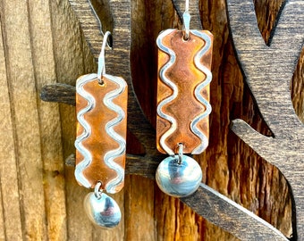 Copper and Sterling Dangle Bar Earrings