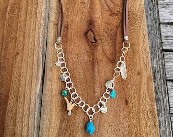 Southwestern, Leather, Sterling, and Turquoise Charm Necklace