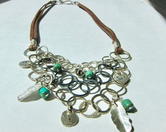 Leather Necklace, With Sterling Silver Hammered Links, Turquoise and Silver Charms