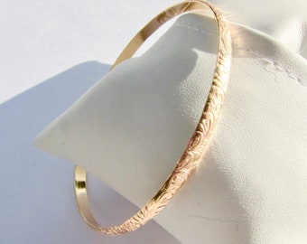 Floral Pattern,  5mm Wide 14K Gold Filled Bangle