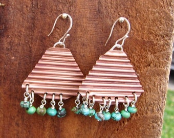 Copper, Silver, and Turquoise, Earrings, Corrugated Copper Triangle Earrings, OOAK