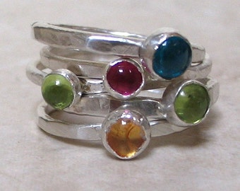 One, 5mm. Peridot,  Jeweled Silver Stacking Ring