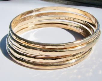 Set of 5, 6 Gauge, 14K Gold Filled, Hammered Bangles