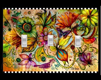Triple Light Switch Plate Cover Floral Bird