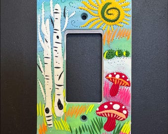 Polymer Clay Birch Mushroom Single Rocker Switch Plate Cover: Linda Jacque Art