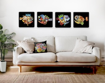 Wood Print Fish Assemblage Art Prints, wall decor, whimsical