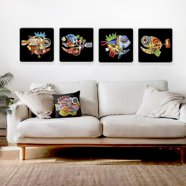 Wood Print Fish Assemblage Art Prints, wall decor, whimsical
