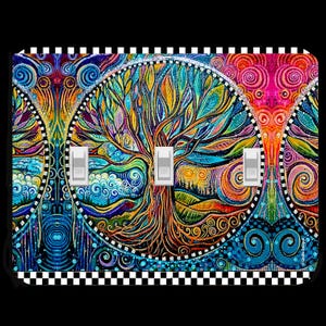 May include: A colorful light switch cover featuring a vibrant tree of life design. The artwork includes a variety of colors, including blue, yellow, orange, and green. The cover has three light switches and a black and white checkered border.