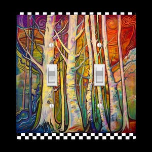 May include: A decorative light switch cover featuring a colorful forest scene. The artwork depicts tall, white-barked trees with vibrant hues of red, yellow, and purple. The cover has two light switches and a black and white checkered border.
