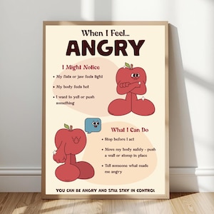 May include: A framed educational poster titled When I Feel... ANGRY, featuring two red apple characters. The text lists physical signs of anger and coping strategies, including Stop before I act, Move my body safely, and Tell someone what made me angry.
