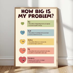 May include: A framed educational poster titled HOW BIG IS MY PROBLEM? featuring five colored hearts with facial expressions. Each heart corresponds to a category: Tiny, Small, Medium, Big, and Emergency, with descriptive text explaining how to handle each level of problem.