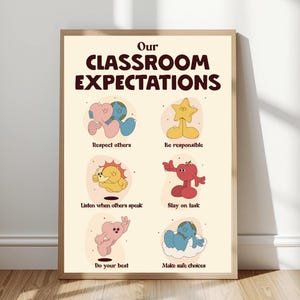 Puede incluir: Un póster enmarcado titulado Our CLASSROOM EXPECTATIONS con fondo crema y texto marrón oscuro. Presenta seis ilustraciones de dibujos animados con los pies de foto: Respect others, Be responsible, Listen when others speak, Stay on task, Do your best y Make safe choices.