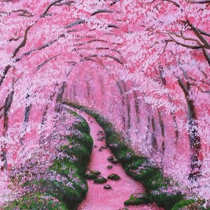 Pink Forest Flowers Landscape Acrylic Painting Original on Canvas Birthday Gift for Woman Nature Home Wall Decor Pink Valentine, Pink Art