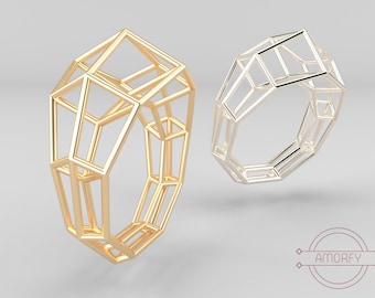 May include: Two geometric rings, one gold and one silver, are shown in a 3D rendering. The rings are made of a wire frame design and are similar in shape.