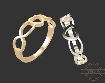 May include: Two gold rings with an infinity symbol design featuring intertwined hearts. The rings are shown from different angles.
