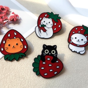 Adorable Cat and Strawberry Enamel Pin / Cute Kitten Pin Badge / Lapel Pin / Collar Pin / Funny Enamel Pin Set / Birthday Gift for Her/Him