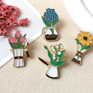 Flowers and Coffee Enamel Pin / Coffee Lovers Pin Badge / Lapel Pin / Collar Pin / Funny Enamel Pin Set / Birthday Gift for Her/Him