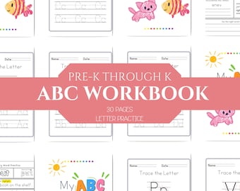 Puede incluir: Un libro de trabajo colorido para niños de preescolar y jardín de infantes. La portada presenta un sol amarillo brillante, un arcoíris y el texto "Mi ABC Workbook". Las páginas interiores incluyen trazar letras, practicar la escritura y actividades de palabras.