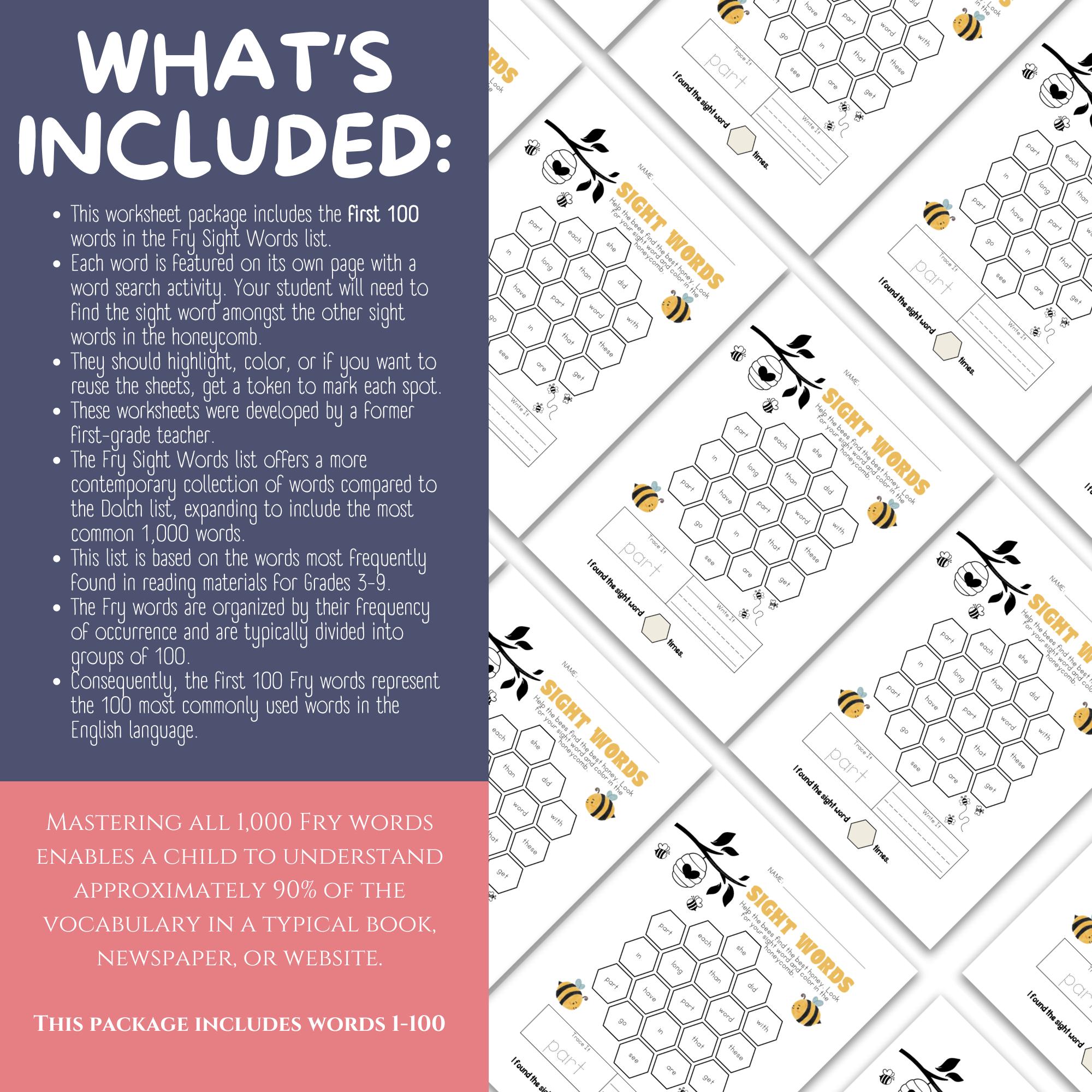 Frys 100 sight words word search worksheets early literacy activity for