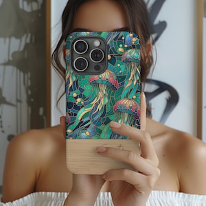 Personalized Jellyfish Stained Glass Phone Case for iPhone 15 14 13 11 X, Samsung S23 S24 Ultra, Pixel 9 8 Pro | Ocean Sea Life Gift Case