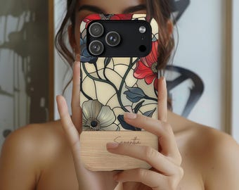 Personalized Red & Cream Poppy iPhone 18 Pro Max Stained Glass Phone Case for iPhone 18 Pro 17 16 15, Galaxy S26 S25 S24, iPhone 18 Case