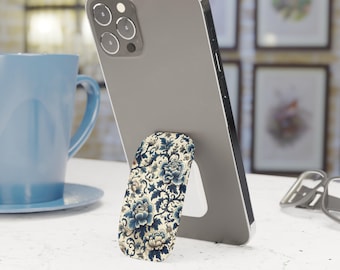 Suporte para celular Pop Socket com estampa Chinoiserie azul, expansível, para iPhone, Samsung e Pixel.