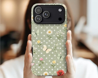 Sage Green Polka Dot Butterfly Phone Case Wildflower Daisy Cottagecore Vintage Floral MagSafe Tough iPhone 17 16 15 14 Samsung S26 S25 S24