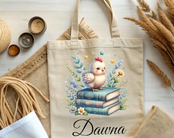 Personalized Kids Book Bag, Custom Chicken Library Bag, Cotton Canvas Tote Bag, Chick Reading Tote Bag For Kids, Bookish Tote Bag