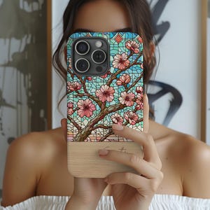 iPhone 15/14/13、Samsung S23/S24 Ultra、Pixel 9/8 Pro用 桜ステンドグラス スマホケース | 春の花ギフト