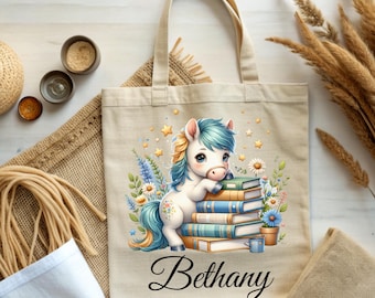 Personalized Kids Book Bag, Custom Horse Library Bag, Cotton Canvas Tote Bag, Horse Reading Tote Bag For Kids, Bookish Tote Bag