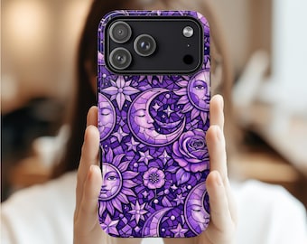 Purple Celestial Phone Case Stained Glass Sun Moon Star Mystical Art MagSafe Tough iPhone 17 16 15 14 Samsung S26 S25 S24 Google Pixel 10 9