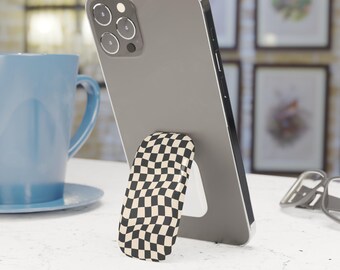 Black White Retro Wavy Checkered Phone Grip Stand Holder Pop Socket Kickstand Expanding Grip for iPhone Samsung Pixel Smartphone Accessory