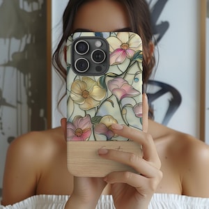 Coque de portable personnalisée en vitrail à fleurs jaune et rose poudré pour iPhone 16 15 14 13, Galaxy S24 S23, Google Pixel | Cadeau botanique mosaïque