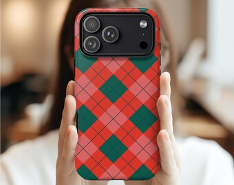 Red Green Plaid Phone Case Christmas Tartan Preppy Pattern MagSafe Tough Case iPhone 17 16 15 14 Samsung S26 S25 S24 Google Pixel 10 9