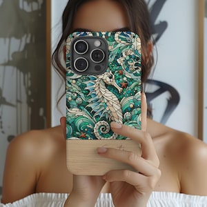 Personalized Seahorse Mosaic Stained Glass Phone Case for iPhone 16 15 14 Pro Max, Galaxy S24 S23 Ultra, Pixel | Coastal Ocean Beach Gift