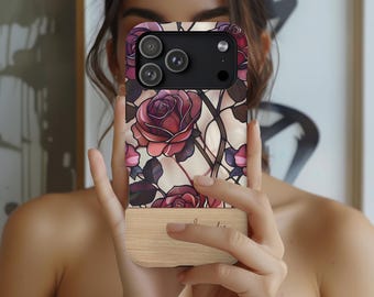 Personalized Burgundy Rose Mosaic Stained Glass iPhone 18 Pro Max Case, iPhone 18, 17, 16, 15, Samsung Galaxy S26 S25 S24, Pixel Case