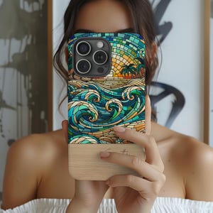 Personalisierte Glasmalerei Ocean Sunset Handyhülle iPhone 15 14 13, Samsung Galaxy S23 S24 Ultra, Google Pixel 8 9 Pro | Küsten Mosaik Geschenk