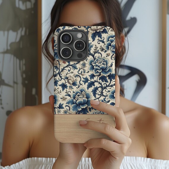 Personalized Blue Toile Case For MagSafe iPhone 17 16 15 14 13 12 Samsung Galaxy S25 S24 S23 S22 Google Pixel 9 8 7 Mothers Day Gift