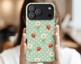 Sage Green Polka Dot Strawberry Phone Case Daisy Cottagecore Vintage Fruit Summer Floral MagSafe Tough iPhone 17 16 15 14 Samsung S26 S25