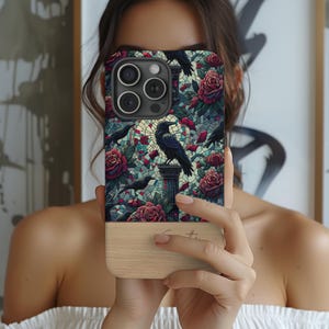 Personalized Gothic Raven Stained Glass Phone Case for iPhone 15 14 13, Samsung S23 S24 Ultra, Pixel 9 8 Pro | Dark Rose Crow Gift