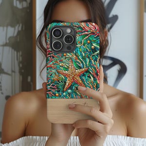 Personalisierte Stained Glass Seestern Handyhülle für iPhone 15 14 13, Samsung Galaxy S23 S24 Ultra, Google Pixel 8 9 Pro | Küsten Mosaik Geschenk