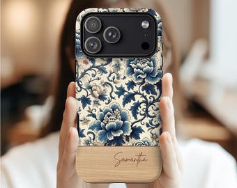 Personalized Blue Toile Porcelain Case For MagSafe iPhone 17 16 15, Samsung Galaxy S26 S25 S24 S23, Google Pixel 9 8 Chinoiserie Floral Case
