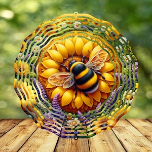 May include: A metal garden spinner with a yellow sunflower and a bumblebee. The spinner has multiple layers of metal that spin in the wind.