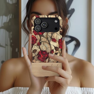 Custom Red Rose Mosaic Stained Glass Phone Case for iPhone 17 16 15 14 13 MagSafe Case Samsung Galaxy S26 S25 S24 S23 S22 Google Pixel 9 8