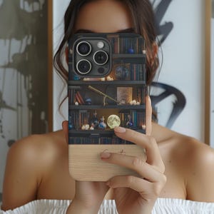 Custodia personalizzata per iPhone con libreria celeste / Custodia per iPhone 16, 15, 14 e 13 con mappa stellare e telescopio lunare / Regalo personalizzato Dark Academia MagSafe