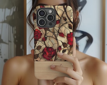 Personalized Red Rose Mosaic Stained Glass Phone Case for iPhone 16 15 14 Pro Max, Galaxy S24 S23 Ultra, Pixel | Vintage Floral Gift Idea