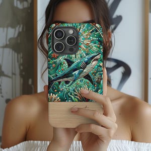 Shark Stained Glass Phone Case Ocean Mosaic Art iPhone 16 15 14 Pro Max, Galaxy S23 S24 Ultra, Google Pixel | Sea Life Underwater Gift Cover