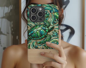 Stained Glass Sea Turtle Phone Case for iPhone 15 14 13, Samsung Galaxy S23 S24 Ultra, Google Pixel 8 9 Pro | Coastal Mosaic Personalized
