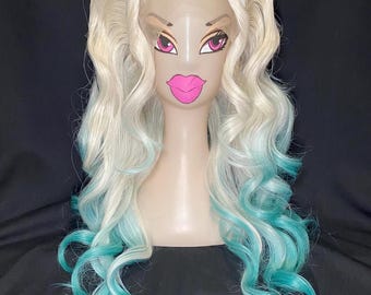 Big Voluminous Blowout, Blonde ombré to Teal Blue Green Mermaid Waves Synthetic Lace Front Wig For Drag Queens