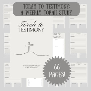 Puede incluir: Una guía de estudio semanal de la Torá titulada "Torah to Testimony" con 66 páginas. La portada presenta una cruz sobre una colina y el texto "Torah to Testimony". La guía es para los años 5785/2024-2025.